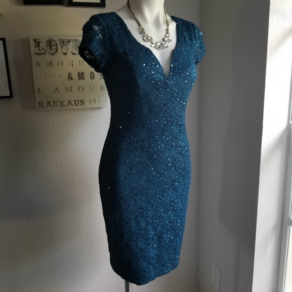 Sequined Teal Sheath Dress